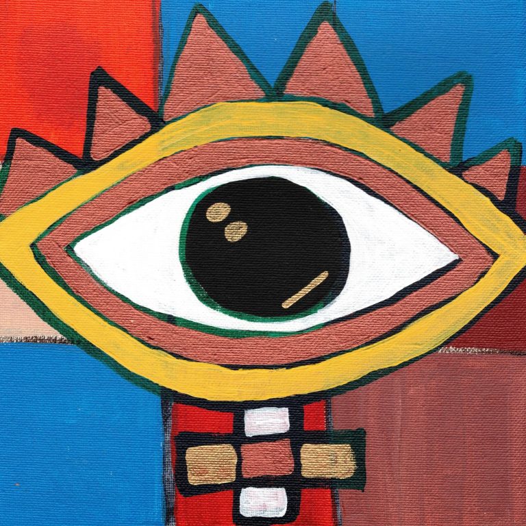 Jealous Eye Standing is a painting made to offer spiritual protection to the space it occupies 12"x12", Acrylic on canvasboard by  Olufunke